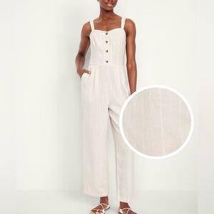 Old Navy Cream Pinstripe Button-Front Linen-Blend Jumpsuit